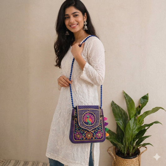 Women's Blue Handicrafts Cotton Embroidered Multicolour Rajasthani Sling Bag
