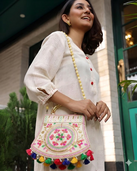 Women's Jaipuri Embroidered Sling Bag – White Colourfull Mandala Design with Colorful Tassels & Gold Handle