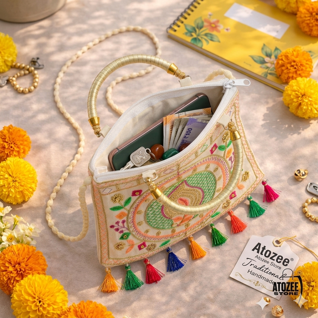 Women's Rajasthani Jaipuri Embroidered Sling Bag – Paisley Keri Design with Colorful Tassels & Gold Handle