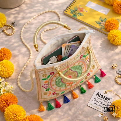 Women's Rajasthani Jaipuri Embroidered Sling Bag – Paisley Keri Design with Colorful Tassels & Gold Handle