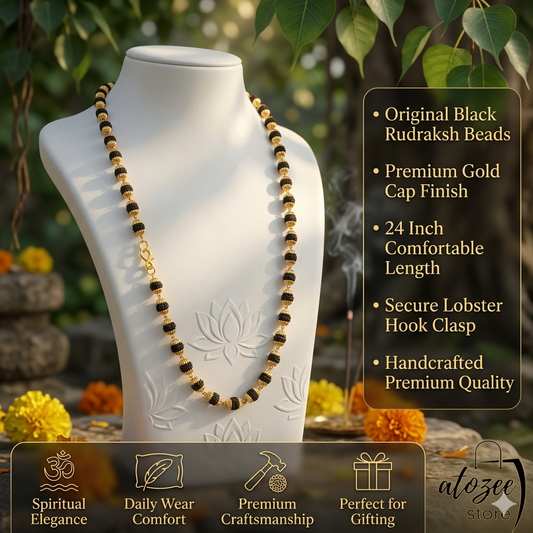 Gold Rudraksha Mala with Gold Plated Caps | Original Rudraksh Beads Mala Necklace