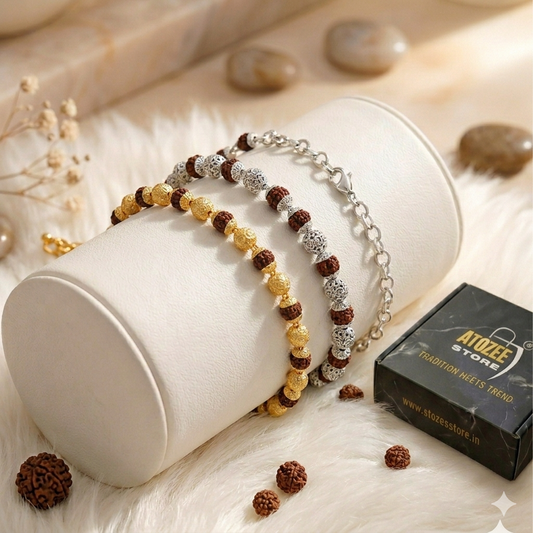 Premium Rudraksha Healing Bracelet – Gold Cap & Silver Cap | Authentic Beads, Adjustable Design, Spiritual Protection