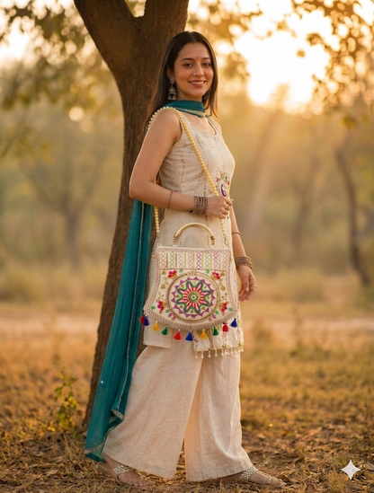 Women's Rajasthani Jaipuri Embroidered Sling Bag – Mandala Design with Colorful Tassels & Gold Handle