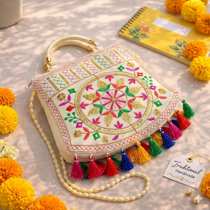 Women's Rajasthani Jaipuri Embroidered Sling Bag – Handmade Design with Colorful Tassels & Gold Handle