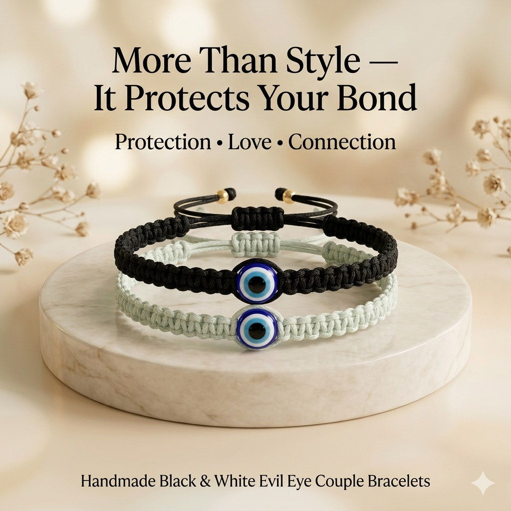 Handwoven Evil Eye Cord Bracelet Combo – Black & White Thread | Couples & Friends