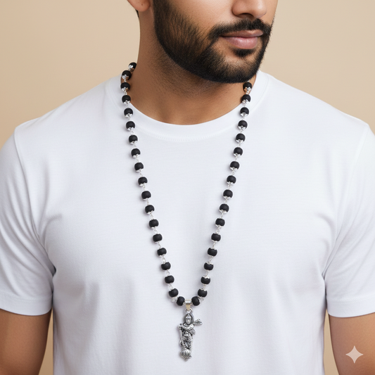 Silver Plated Hanuman Pendant Karungali Mala – 54 Beads | Long Length Spiritual Necklace for Men