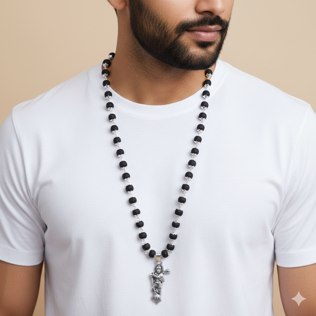 Silver Plated Hanuman Pendant Karungali Mala – 54 Beads | Long Length Spiritual Necklace for Men