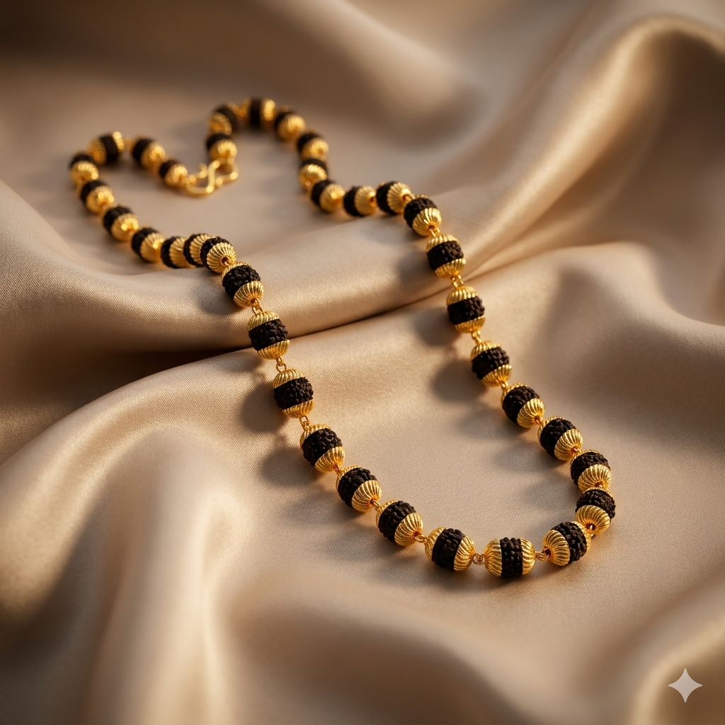 Gold Rudraksha Mala with Gold Plated Caps | Original Rudraksh Beads Mala Necklace