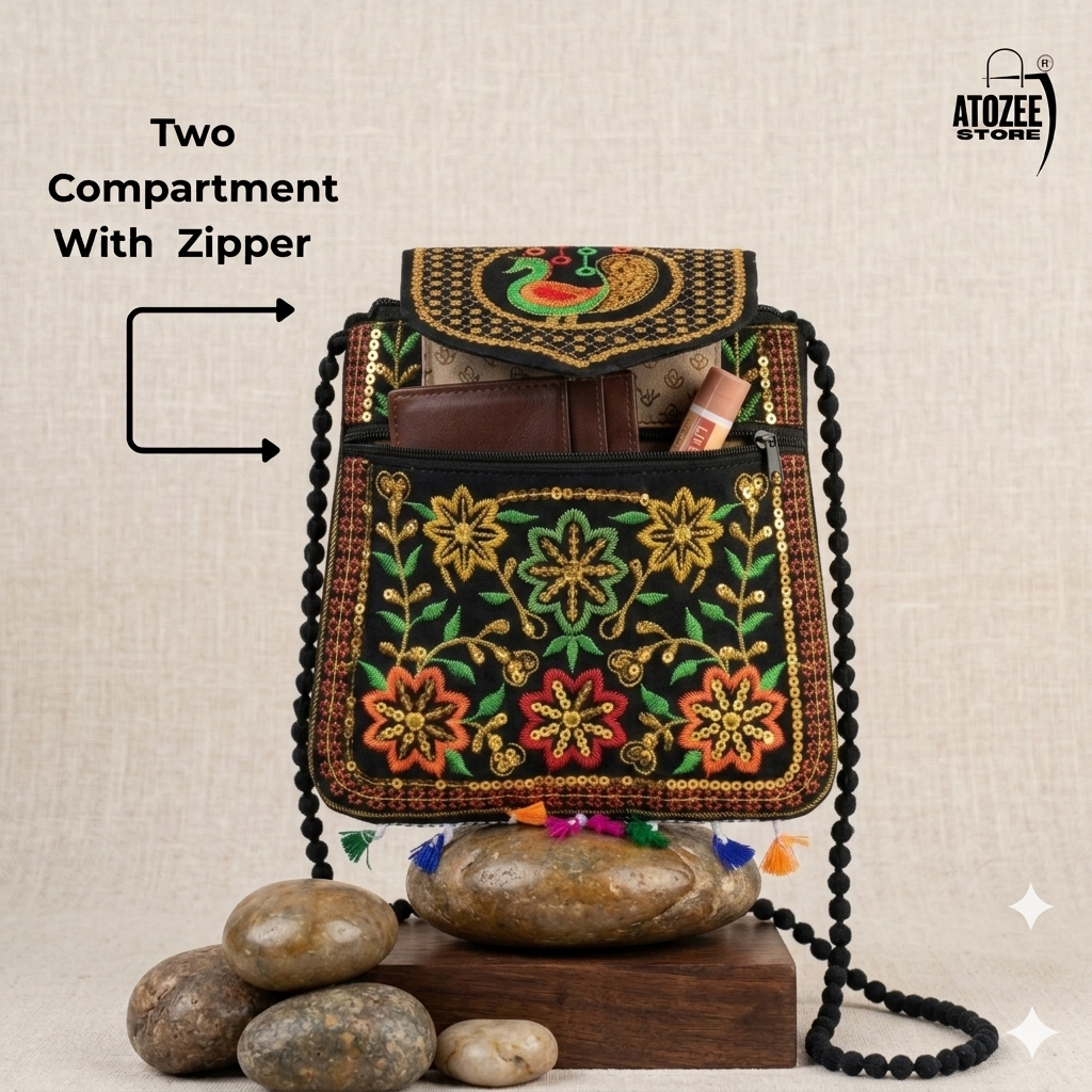 Women's Handicrafts Cotton Embroidered Multicolour Rajasthani Sling Bag | Mirror Work & Vibrant Tassels