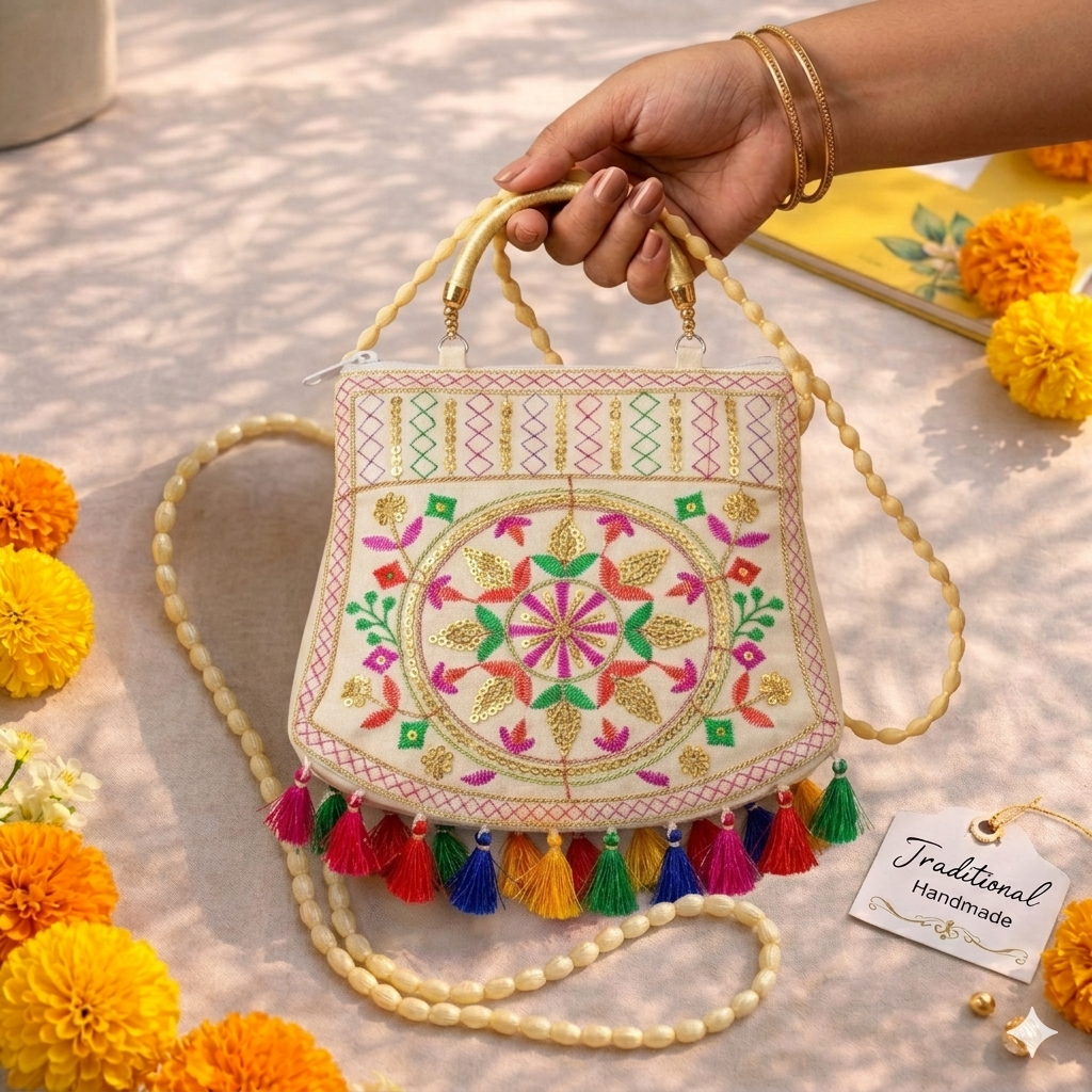 Women's Rajasthani Jaipuri Embroidered Sling Bag – Handmade Design with Colorful Tassels & Gold Handle