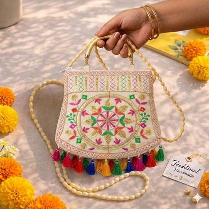 Women's Rajasthani Jaipuri Embroidered Sling Bag – Handmade Design with Colorful Tassels & Gold Handle