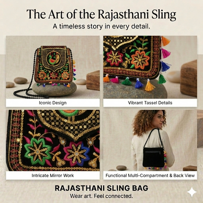 Women's Green Brown Handicrafts Cotton Embroidered Multicolour Rajasthani Sling Bag