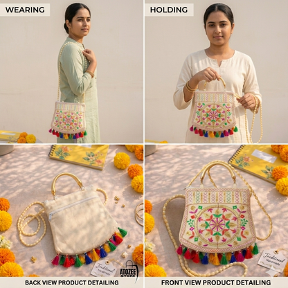 Women's Rajasthani Jaipuri Embroidered Sling Bag – Handmade Design with Colorful Tassels & Gold Handle