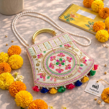 Women's Jaipuri Embroidered Sling Bag – White Colourfull Mandala Design with Colorful Tassels & Gold Handle