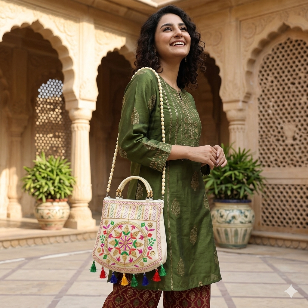 Women's Rajasthani Jaipuri Embroidered Sling Bag – Handmade Design with Colorful Tassels & Gold Handle