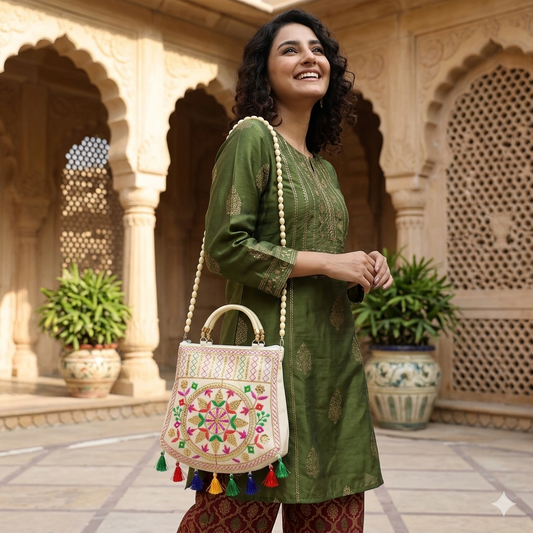 Women's Rajasthani Jaipuri Embroidered Sling Bag – Handmade Design with Colorful Tassels & Gold Handle