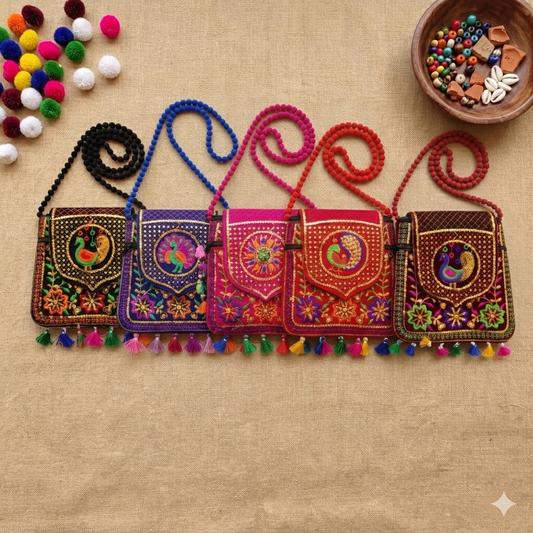 Women's Handicrafts Cotton Embroidered Multicolour Rajasthani Sling Bag | Mirror Work & Vibrant Tassels