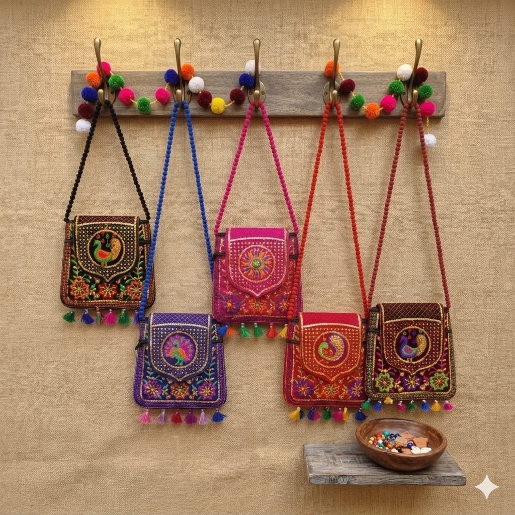 Women's Handicrafts Cotton Embroidered Multicolour Rajasthani Sling Bag | Mirror Work & Vibrant Tassels