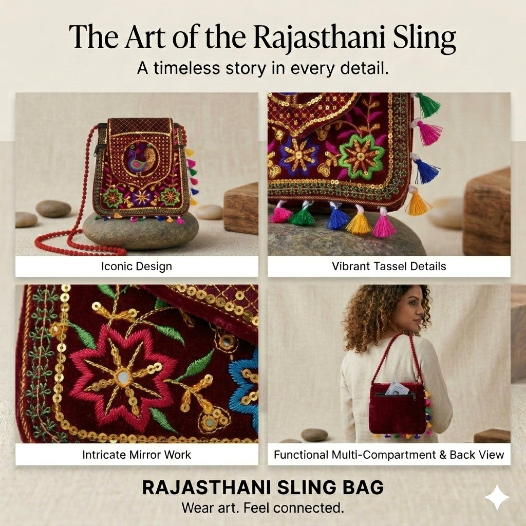 Brown Handicrafts Cotton Embroidered Multicolour Rajasthani Womens Sling Bag