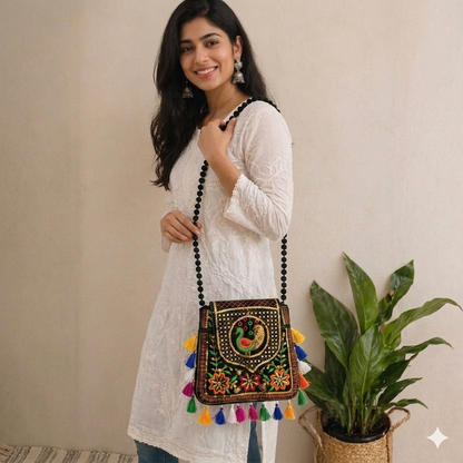 Women's Handicrafts Cotton Embroidered Multicolour Rajasthani Sling Bag | Mirror Work & Vibrant Tassels