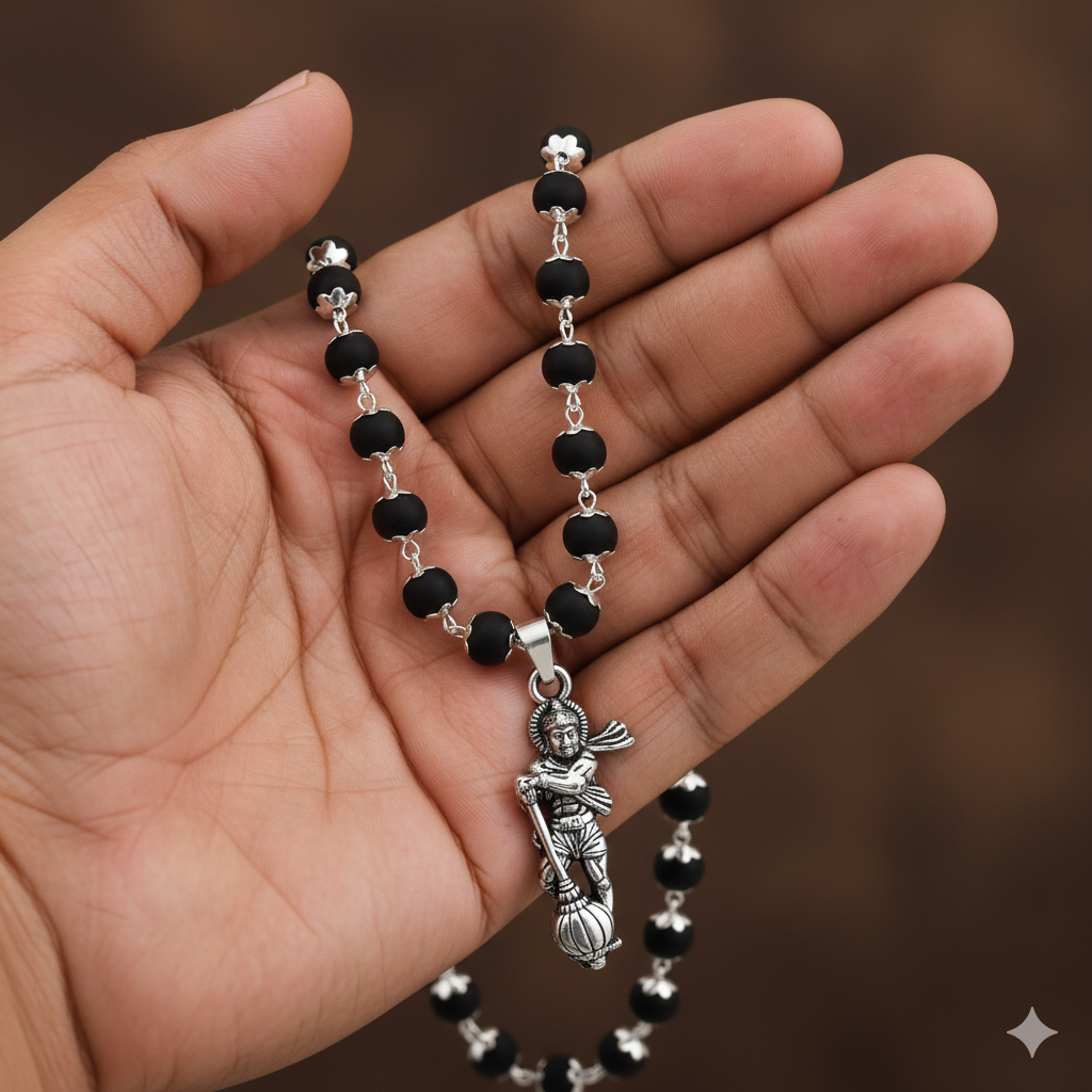 Silver Plated Hanuman Pendant Karungali Mala – 54 Beads | Long Length Spiritual Necklace for Men