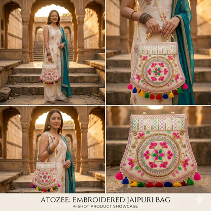 Women's Jaipuri Embroidered Sling Bag – White Colourfull Mandala Design with Colorful Tassels & Gold Handle