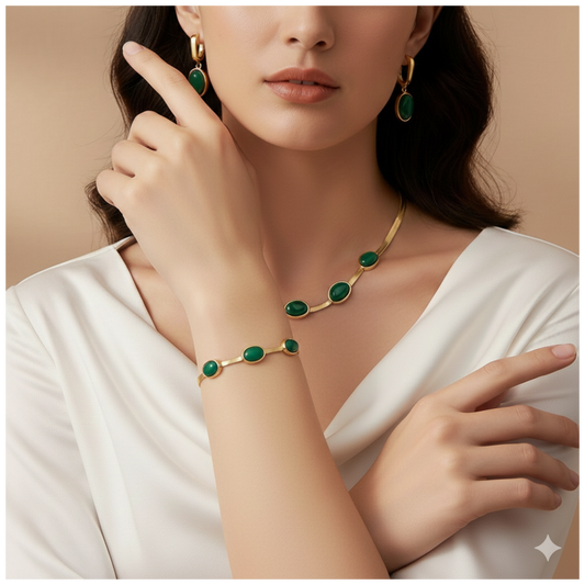 Green Crystal Jewellery Set for Women | Gold Plated Necklace, Bracelet & Earrings Combo Pack