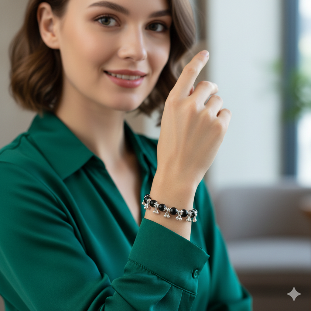 Natural Karungali Black Wood Bracelet for Women with Silver ( CHARM ) Ghungroo