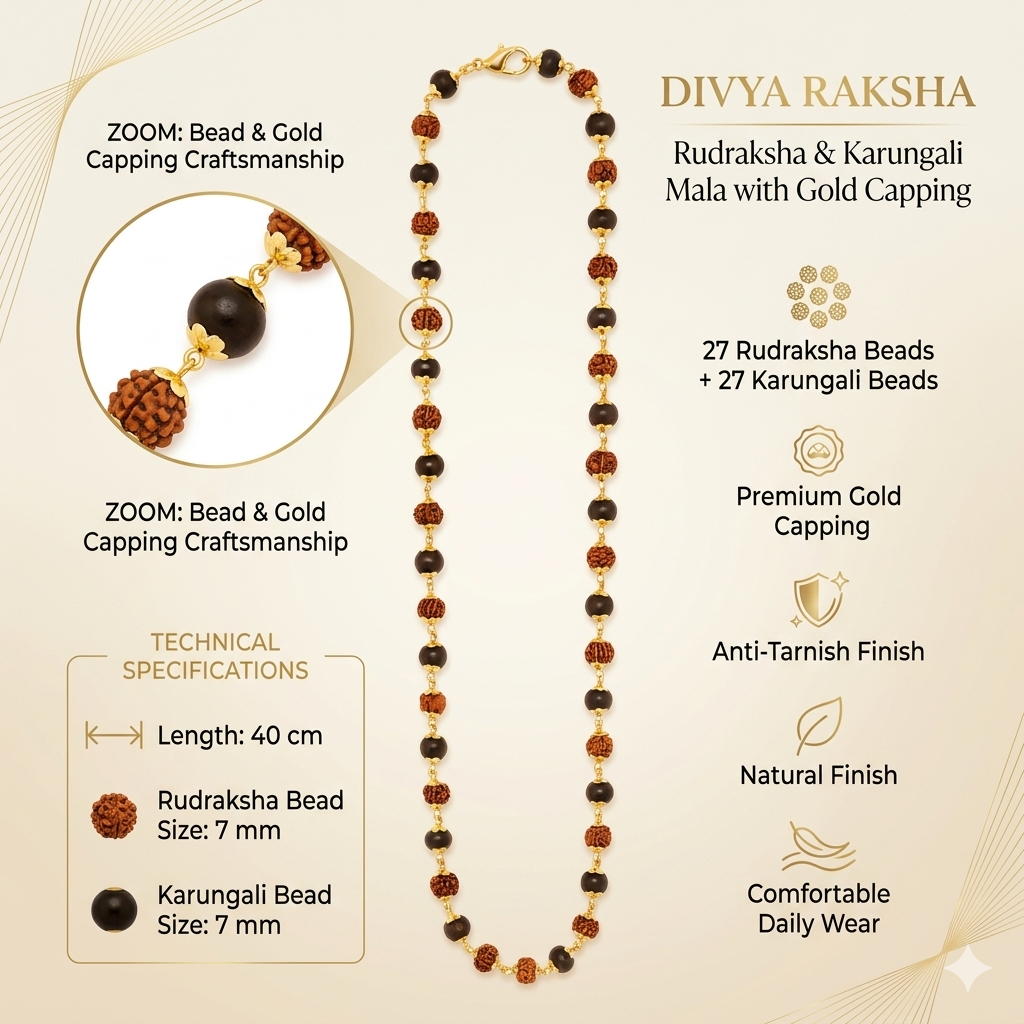 Original Karungali Rudraksha Mala with Gold Cap