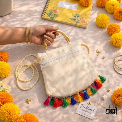 Women's Rajasthani Jaipuri Embroidered Sling Bag – Handmade Design with Colorful Tassels & Gold Handle