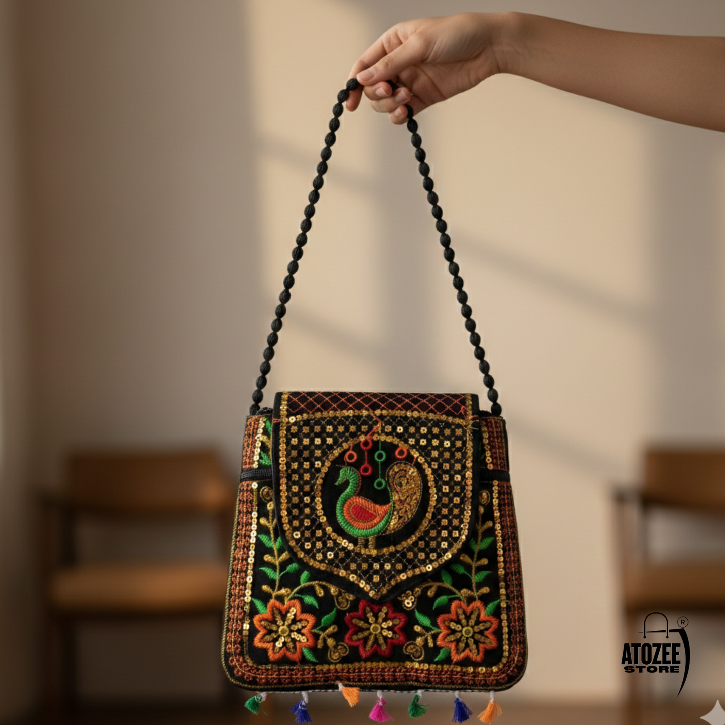 Women's Green Brown Handicrafts Cotton Embroidered Multicolour Rajasthani Sling Bag