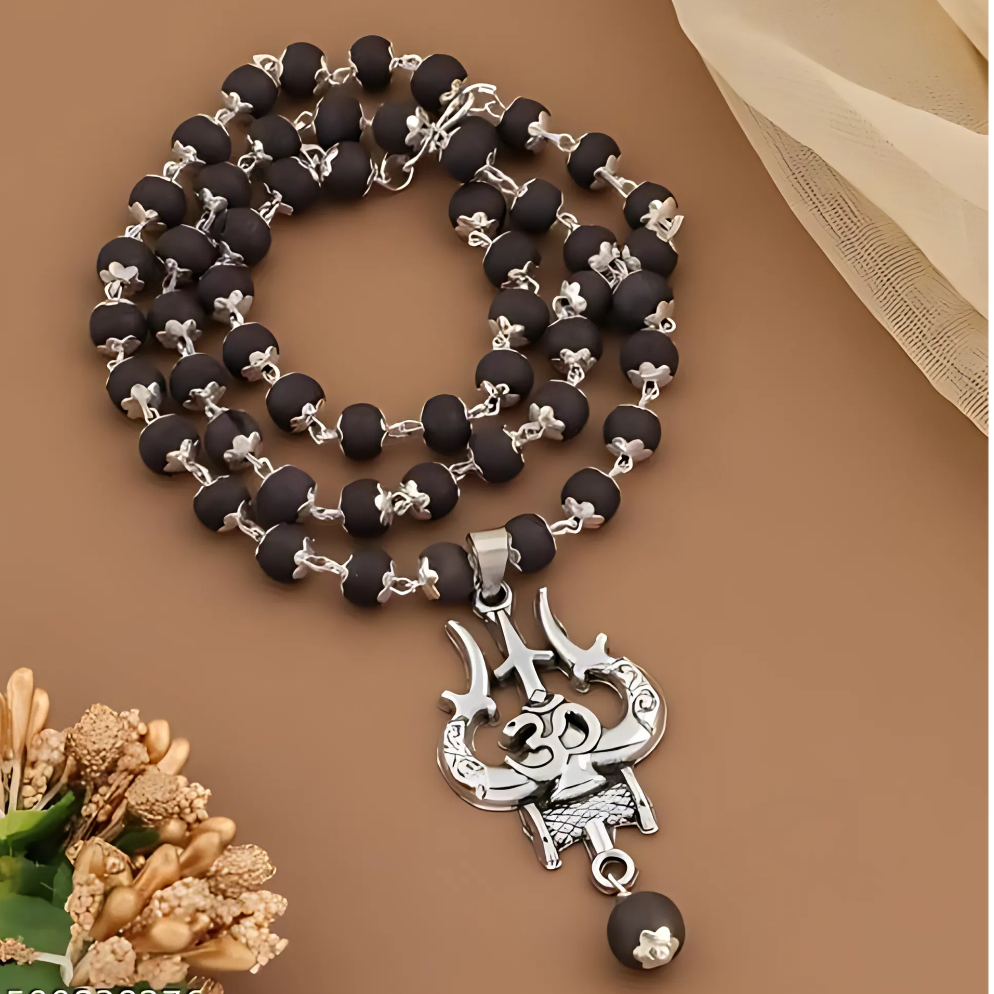 Karungali mala with silver trishul pendant spiritual necklace