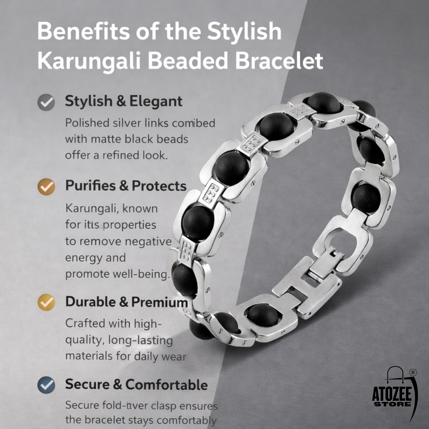 Karungali Black Ebony Wood Bracelet with Silver Finish for Men