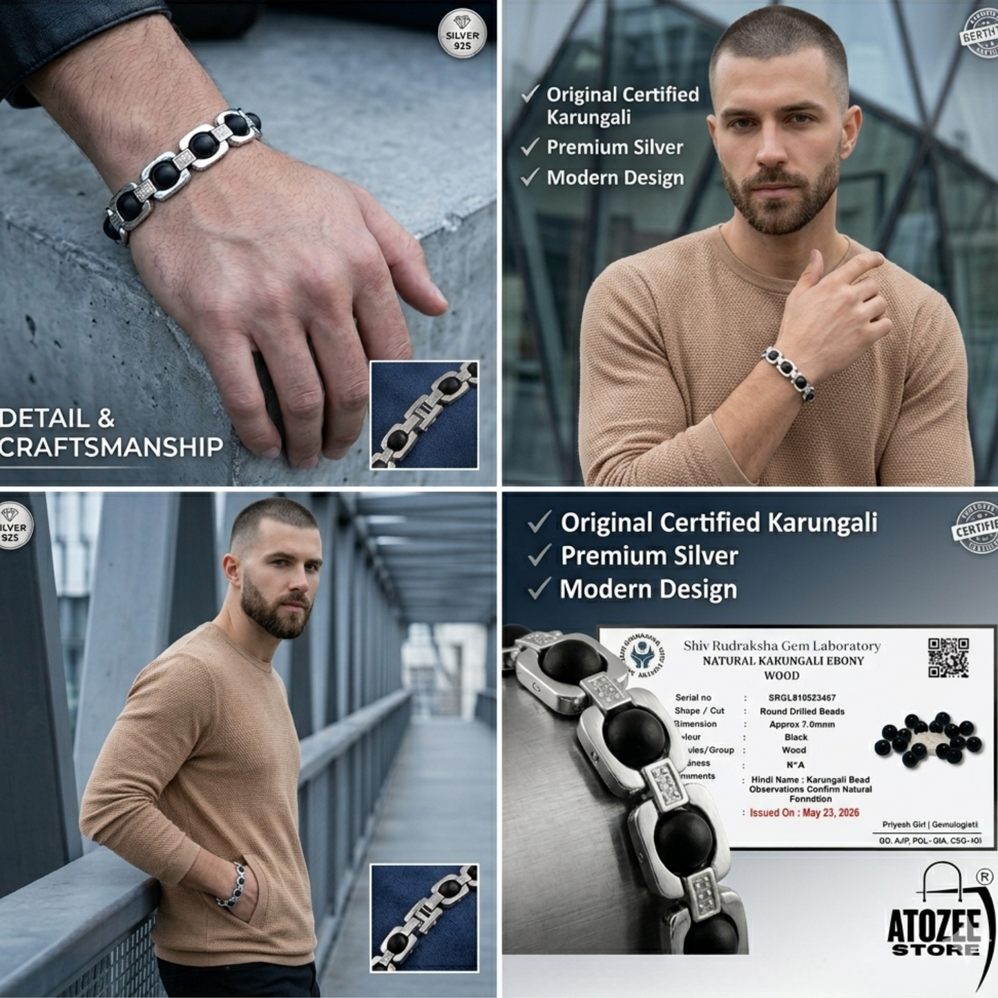 Karungali Black Ebony Wood Bracelet with Silver Finish for Men