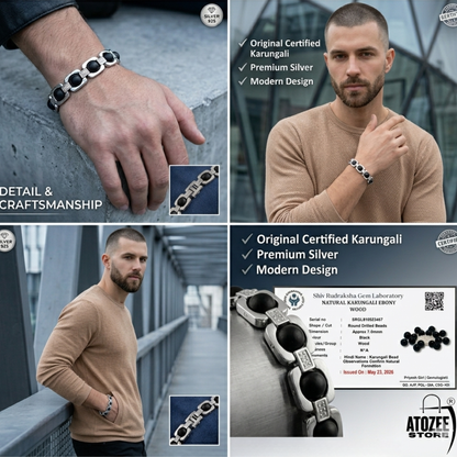 Karungali Black Ebony Wood Bracelet with Silver Finish for Men