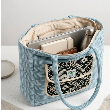 Women's Himalayan Hemp Sky Blue Tote Bag with Front Pocket – Boho Shoulder Bag