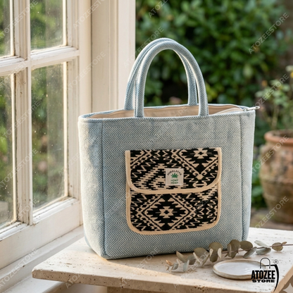 Women's Himalayan Hemp Sky Blue Tote Bag with Front Pocket – Boho Shoulder Bag