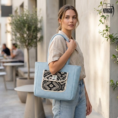 Women's Himalayan Hemp Sky Blue Tote Bag with Front Pocket – Boho Shoulder Bag
