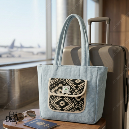 Women's Himalayan Hemp Sky Blue Tote Bag with Front Pocket – Boho Shoulder Bag