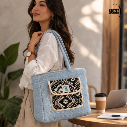 Women's Himalayan Hemp Sky Blue Tote Bag with Front Pocket – Boho Shoulder Bag