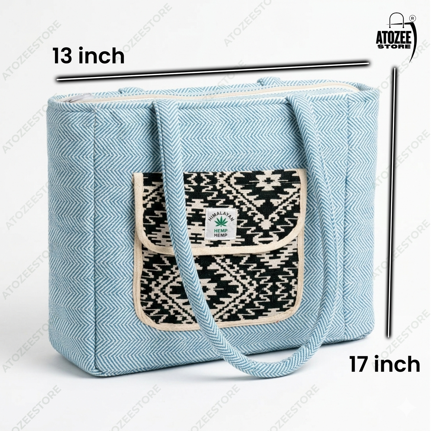 Women's Himalayan Hemp Sky Blue Tote Bag with Front Pocket – Boho Shoulder Bag