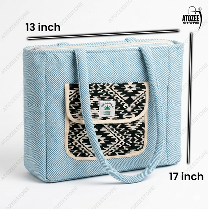Women's Himalayan Hemp Sky Blue Tote Bag with Front Pocket – Boho Shoulder Bag