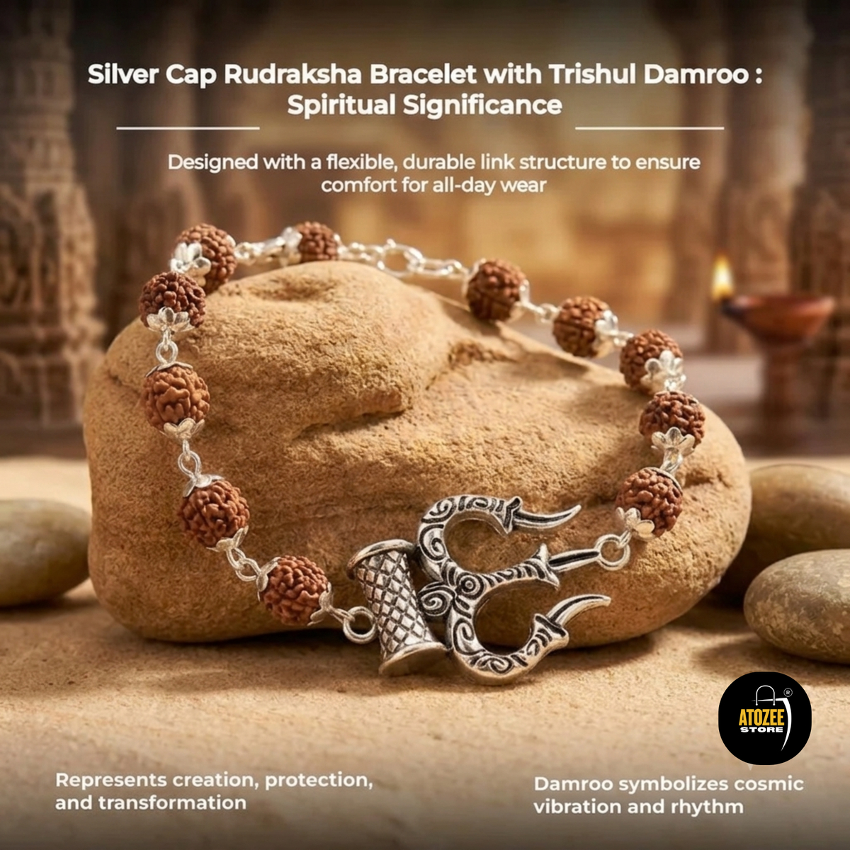 Silver Trishul Damru Rudraksha Bracelet ( Rakhi Special )
