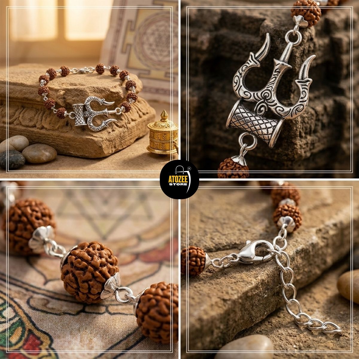 Silver Trishul Damru Rudraksha Bracelet - Multiple Views