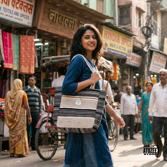 Women's Himalayan Hemp Ethnic Tote Bag with Front Zipper Pocket & Top Zipper Compartment