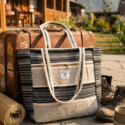 Women's Himalayan Hemp Ethnic Tote Bag with Front Zipper Pocket & Top Zipper Compartment