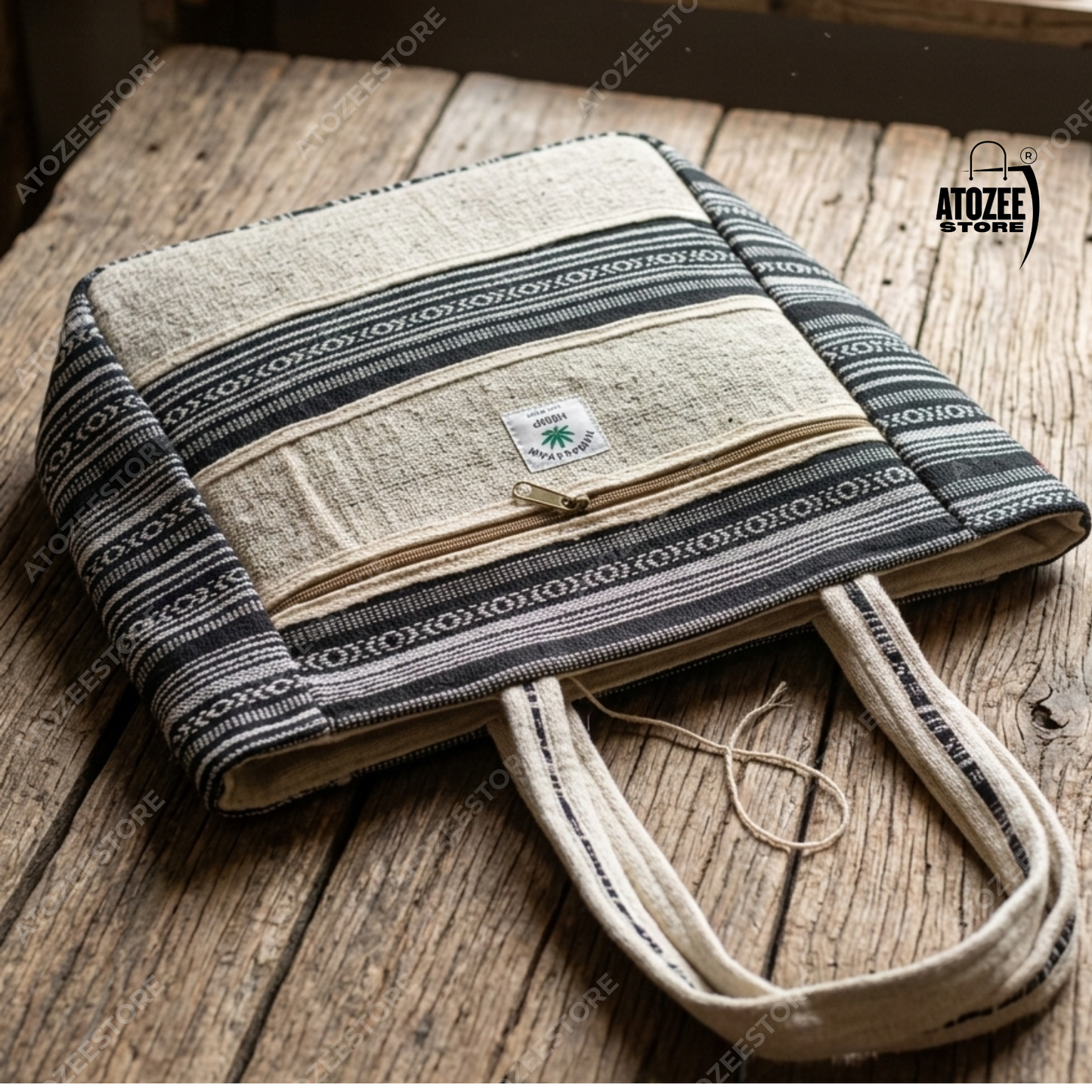 Women's Himalayan Hemp Ethnic Tote Bag with Front Zipper Pocket & Top Zipper Compartment