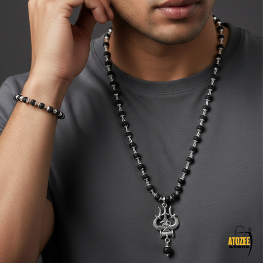 Silver Cap Karungali Mala With Om Trishul Pendant & Bracelet Combo