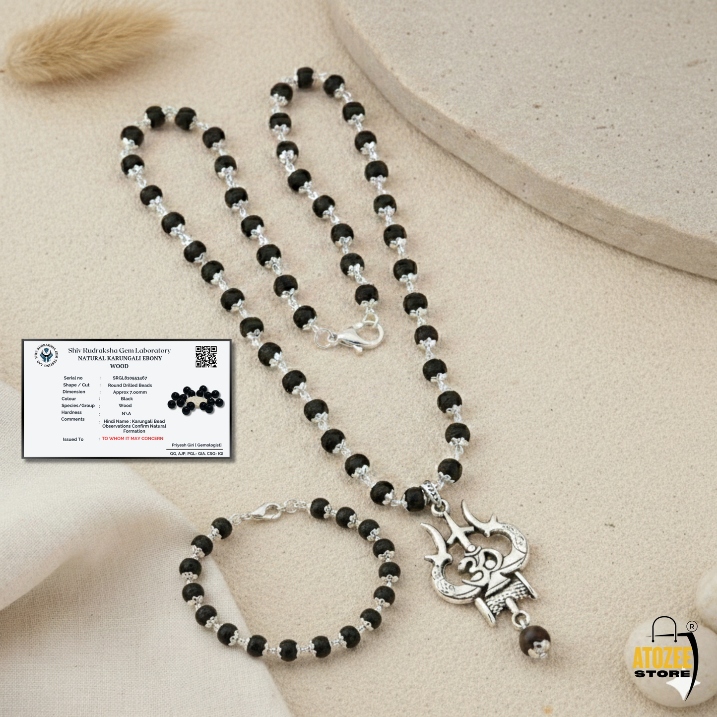 Silver Cap Karungali Mala With Om Trishul Pendant & Bracelet Combo
