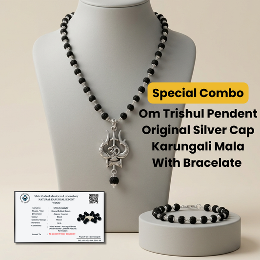Silver Cap Karungali Mala With Om Trishul Pendant & Bracelet Combo